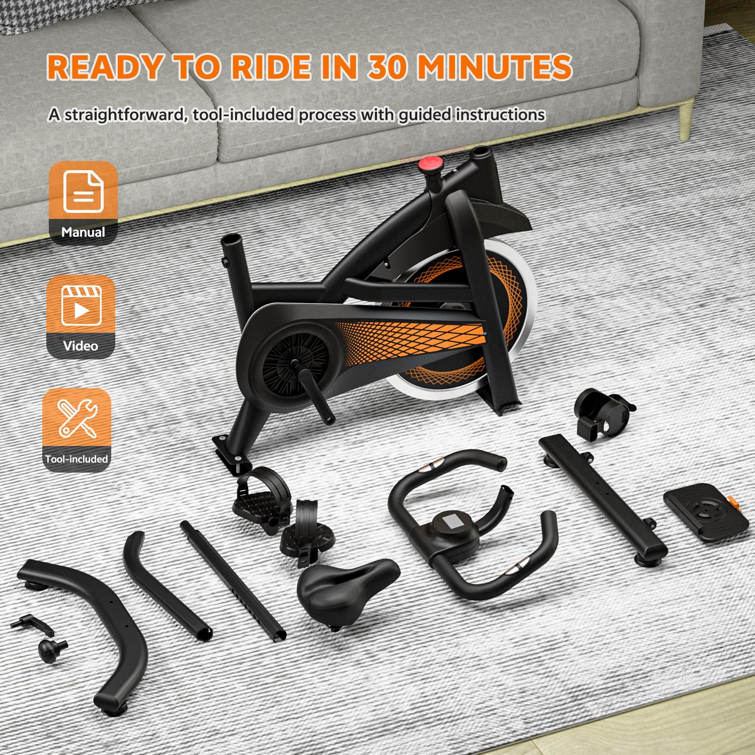 SAVEYOUR Adjustable Resistance Comfort Seat Indoor Exercise Bike with Quiet Magnetic Resistance and Ergonomic Seat for Home Fitness Cardio in Black & Orange