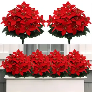 2/4 pcs 5 Heads Poinsettia Artificial Flowers, Fake Poinsettia Bouquet, Table Decoration, Indoor and Outdoor Christmas Flowers for Vase/Table/Porch/Home Garden Decoration, Red