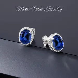 Oval Synthetic Sapphire Stud Earrings with 5A Clear CZ, Elegant and Luxurious Style Perfect Gift for Women, Romantic Ear Jewelry for Daily Wear and Party for Birthday or Christmas
