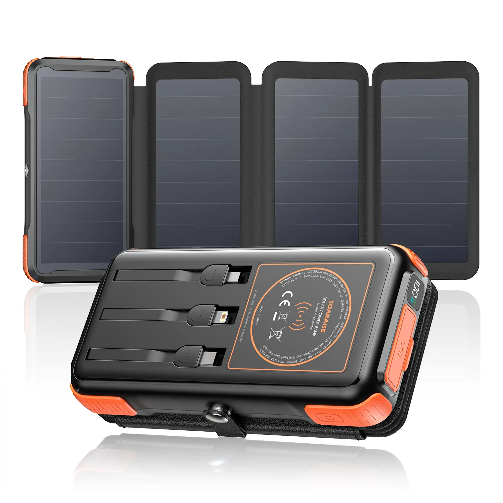 Solar Power Bank, 25000mAh Wireless Solar Charger with Built-in 3 Cables, Dual Outputs, 4 Solar Panels & 3 LED Flashlights, Portable Phone Charger for
