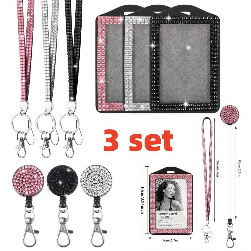 3-piece set of shiny rhinestone ID badges with detachable lanyard and telescopic scroll - multifunctional keychain for women, teachers, and students, suitable for work, school, and activities
