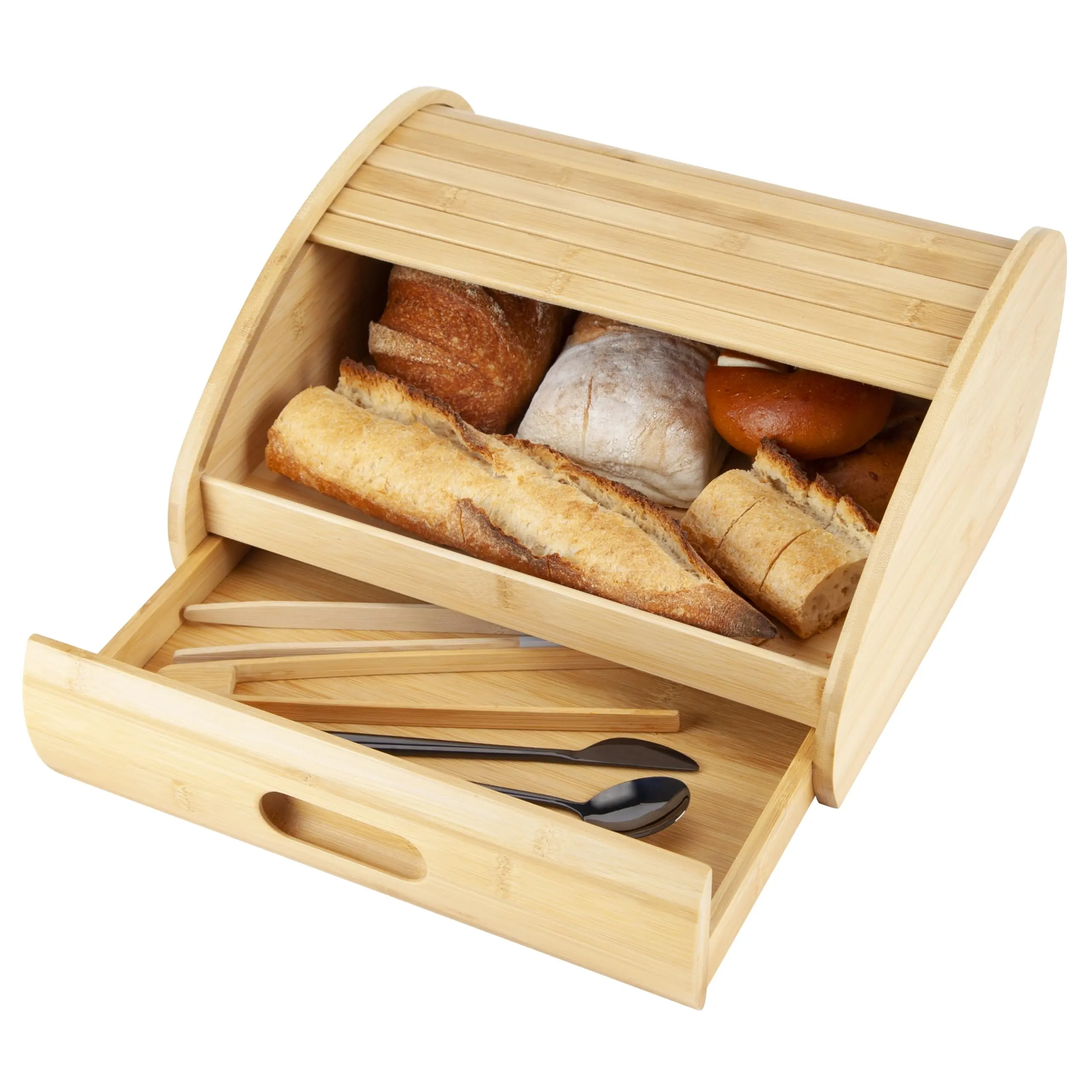 Natural Bamboo Roll Top Bread Box Kitchen for Countertop Food Storage, Large,NO ASSEMBLY REQUIRED,Double-layered linkage drawers