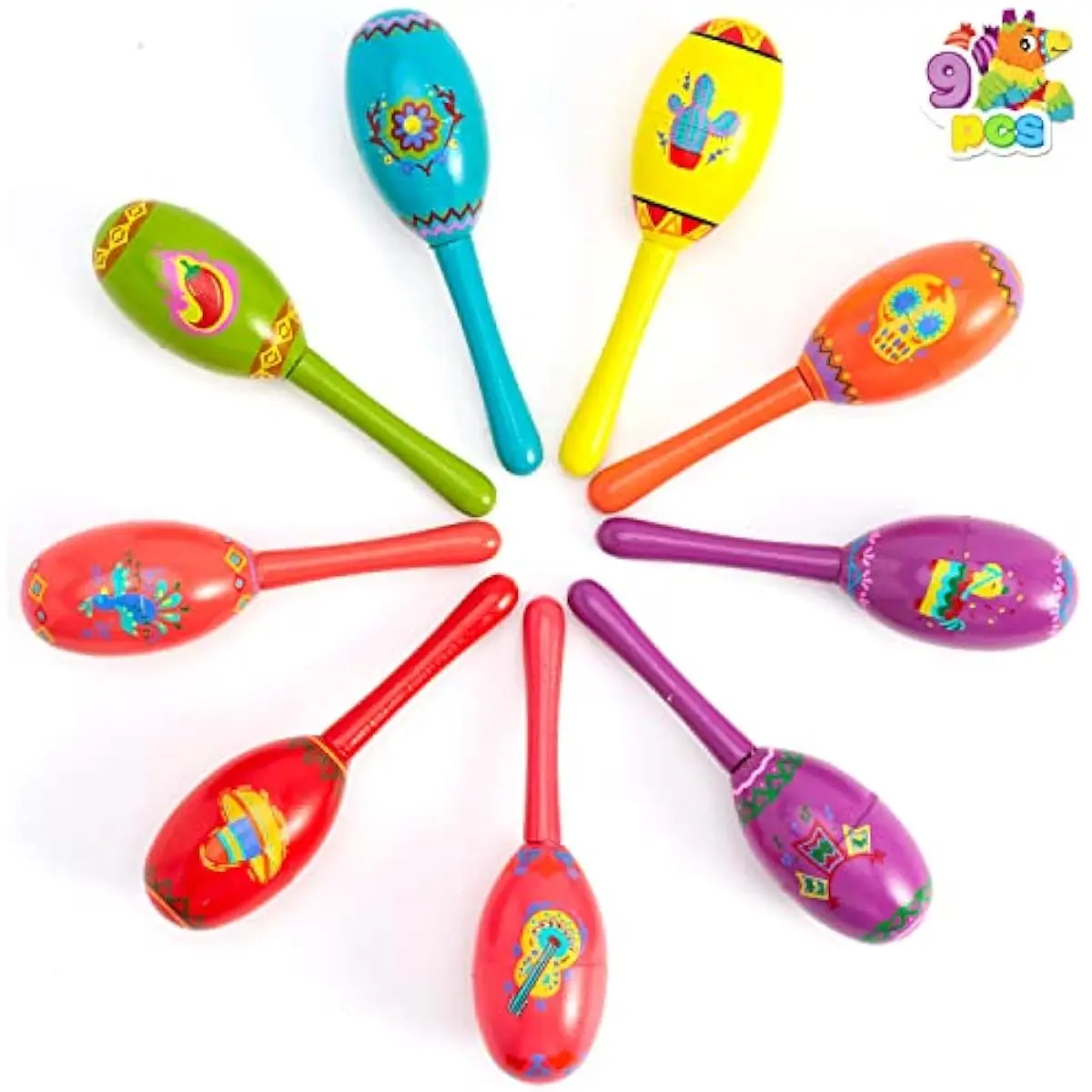 9 Pcs Fiesta Wooden Maracas 9 Designs Noisemaker for Cinco De Mayo Party Favors, Mexican Musical Fun, Carnivals, Taco Tuesday Event, Mexican Decorations, Luau Party