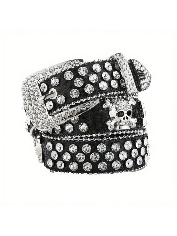 Sparkling Rhinestone Skull Belt, Hip Hop Punk Black Wide Belt, Unisex Rhinestone Rivet Belt, Punk Style Belt