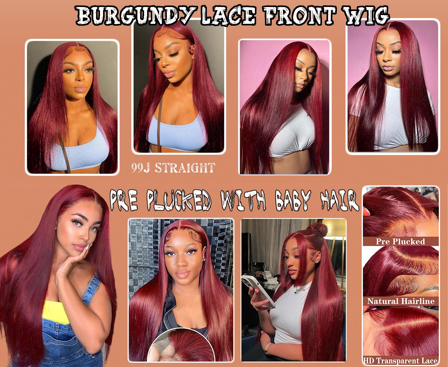 Burgundy Wig Human Hair Bone Straight 13x6 13x4 HD Transparent Lace Wig 99J Red Human Hair Wig Colored Reddish Brown Lace Frontal Wigs 180% Density Pre Plucked