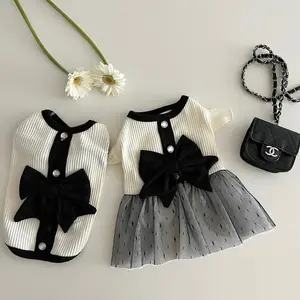 Spring and Summer New Retro Debutante Style Couple Dress Bow Skirt Bichon Teddy/Pomeranian Dog Clothes Pet Cat