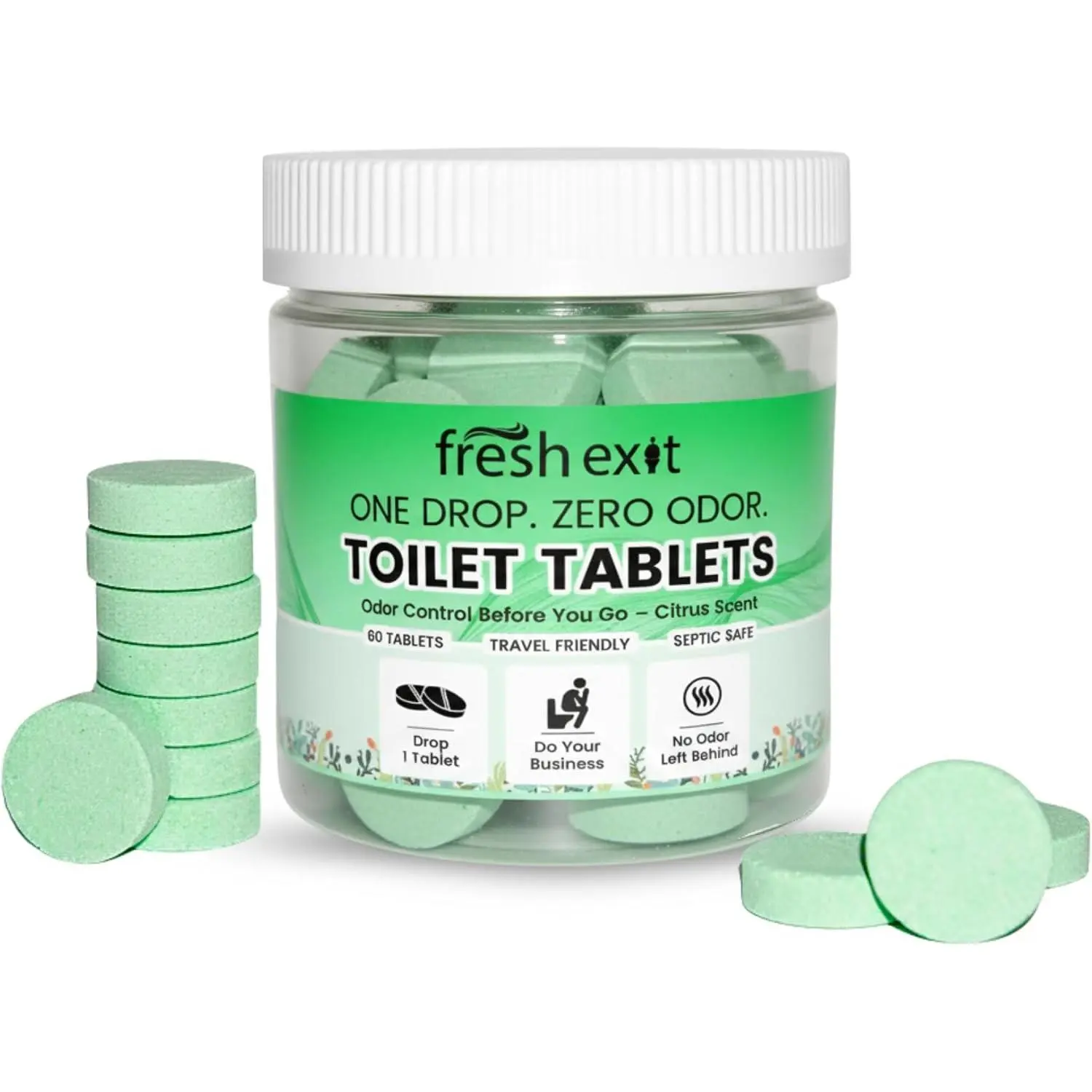 Fresh Exit Drop & Go Toilet Odor Tablets | Bathroom Odor Control & Toilet Bowl Freshener | 60 Dissolving Deodorizer Tablets