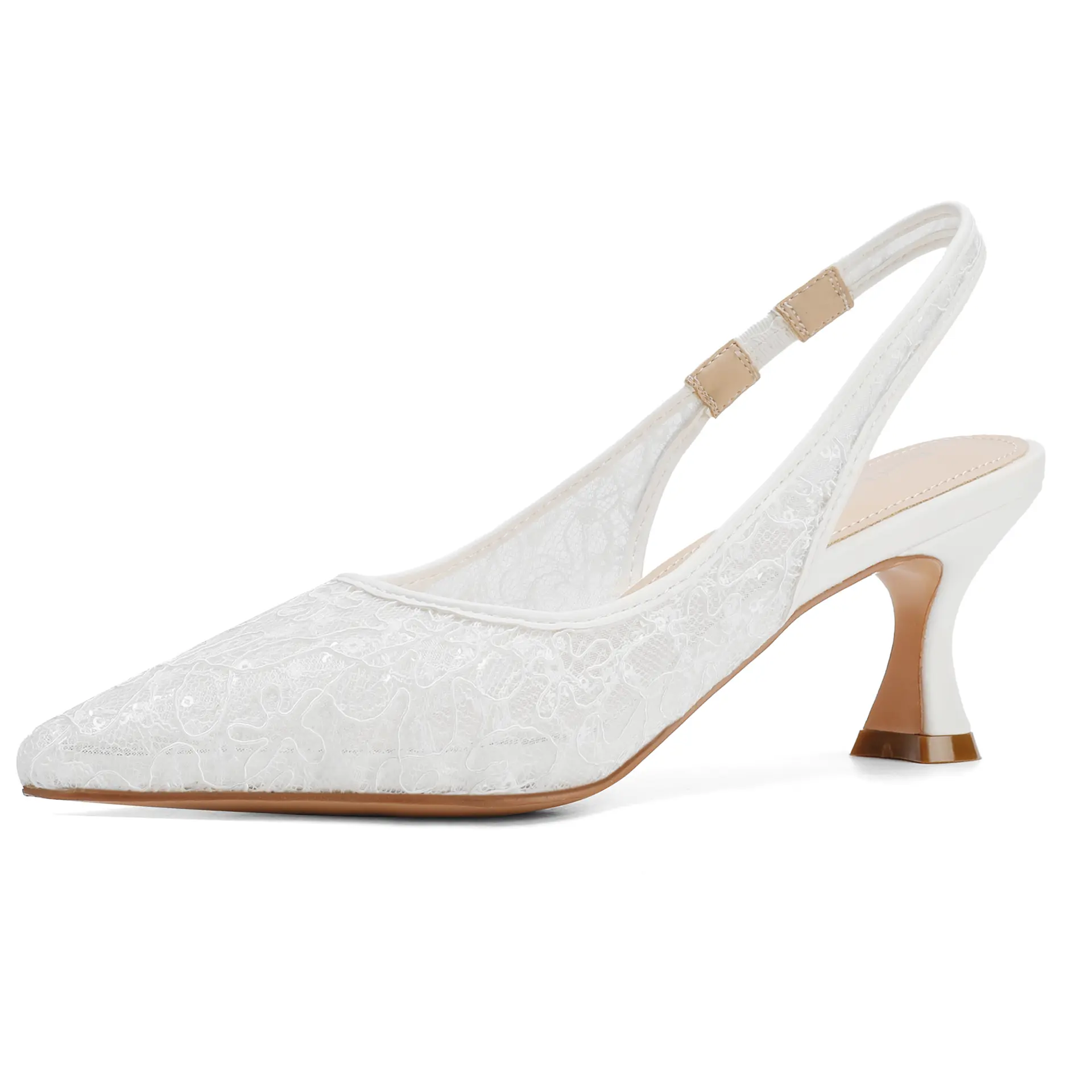 ReneChristine Women’s Lace Mesh Slingback Pumps - 3 Inch Kitten Heel Pointed Toe Heels, Wedding Party Dress Shoes