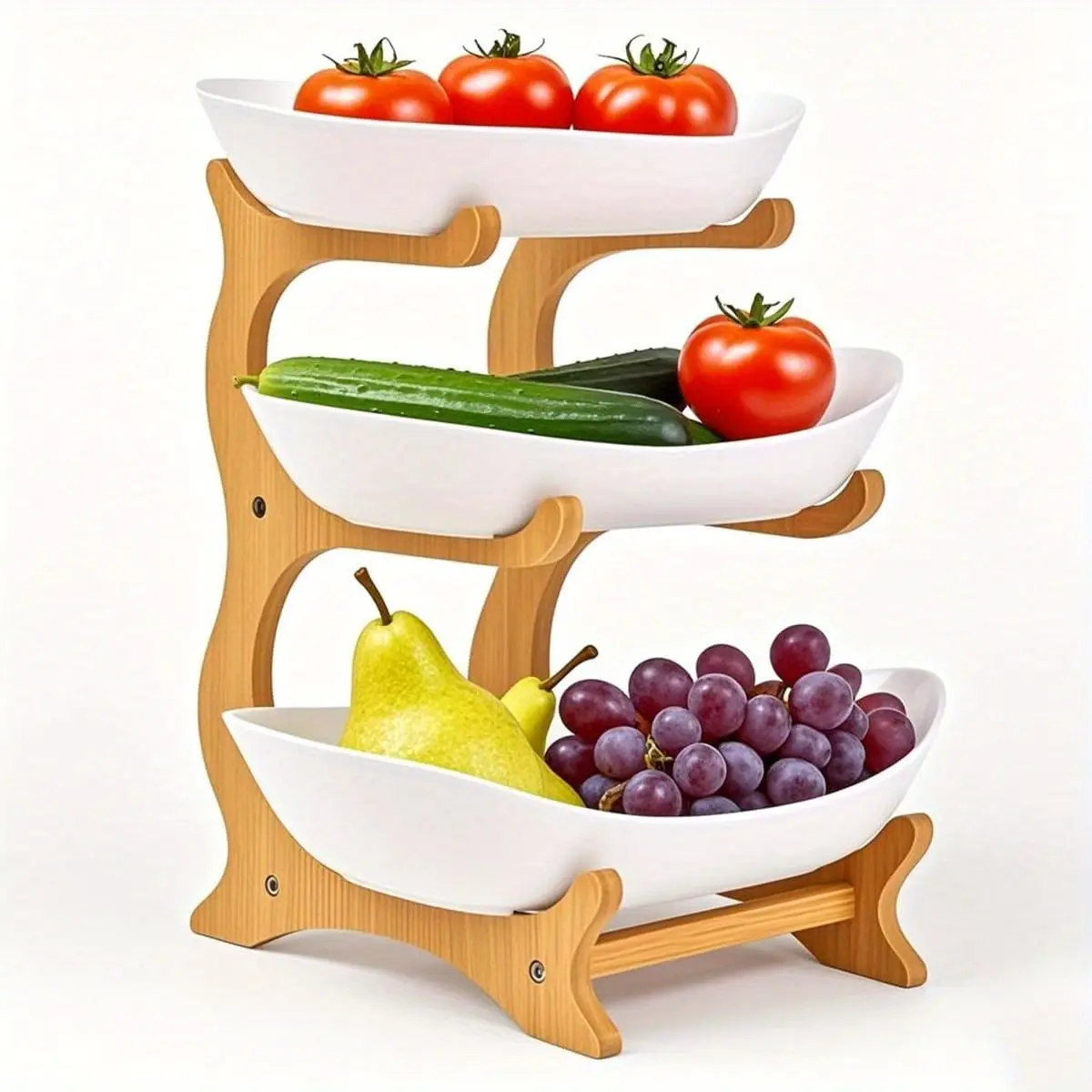 3-Tier Oval Natural Wood Fruit Display Basket with Bamboo Stand - Multilayer Polypropylene Organizer, Freestanding Storage Rack, Easy-Assembly Kitchen Home Supplies Display Container, Father's Day Gift, Multilayer Shelf