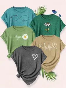 Fashion Simple Heart Letter Flower Print Round Neck 5-Piece Set Short Sleeve T-Shirts, Casual Fitted Women's Top, Mother's Day Gift