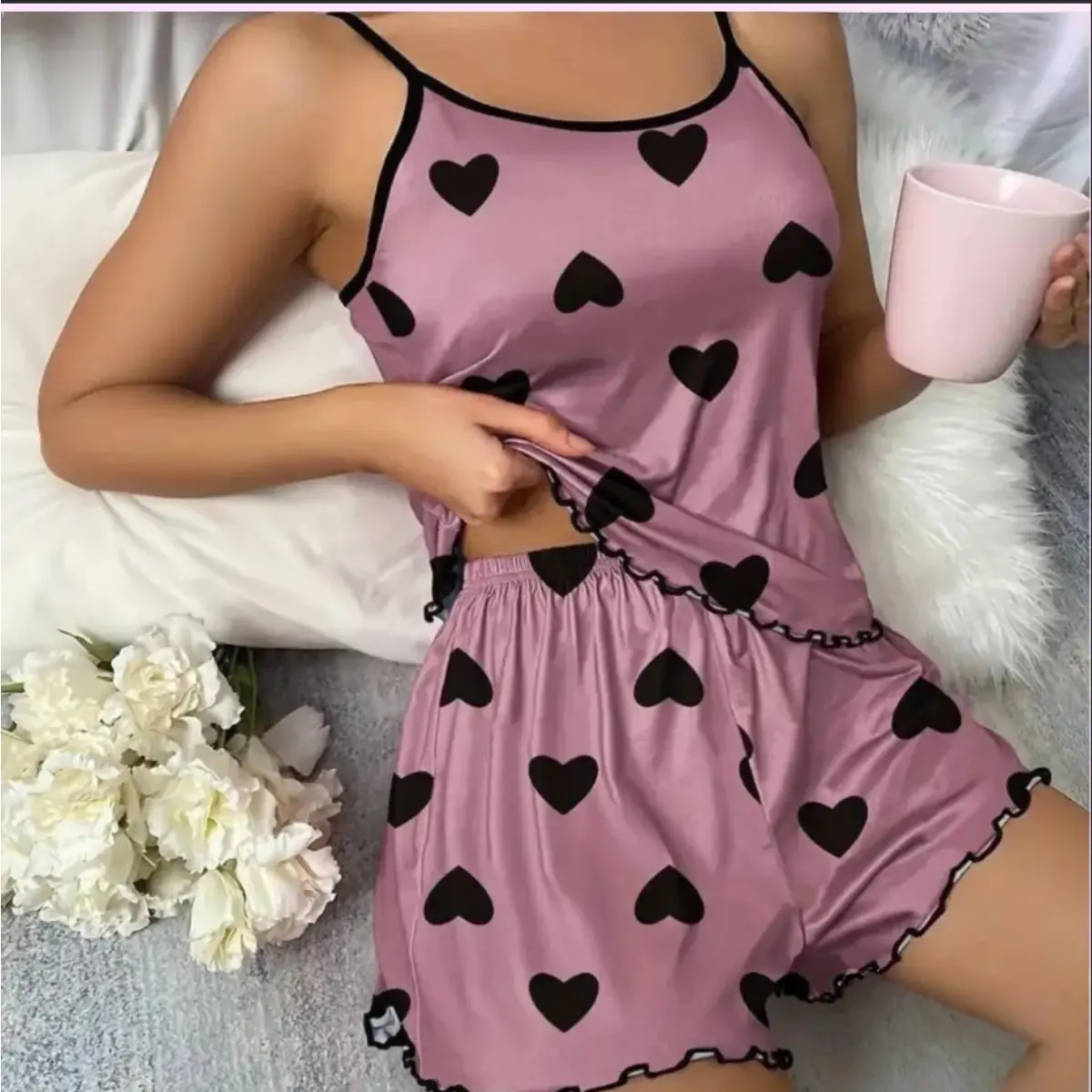 Women’s Heart Print 2-Piece Spaghetti Strap Cami Pajama Set - Soft, Breathable Shorts Loungewear, Lady, Pj Sets For Women, Chic, Charming Hearts, Clothes, Casual, Nightwear, Sleepwear, Elastic Waist Shorts, Soft Fabric, Cute Look