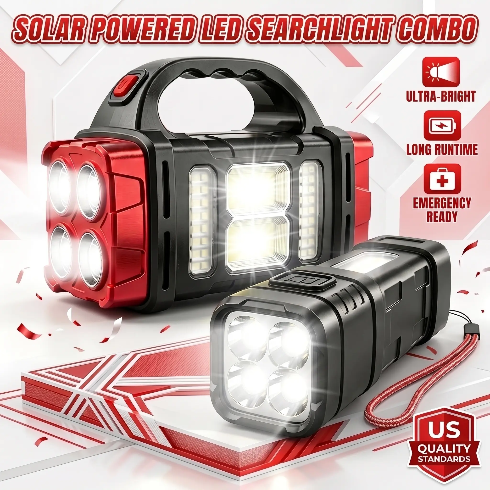 Solar Flashlight Combo - Rechargeable Solar Searchlight & Ultra Bright Mini Size Flashlight, USB Charge, COB Sidelight, Dual Light, Back Clip, Durable Outdoor Gear, Practical Gift for Camping Power Outage Emergency