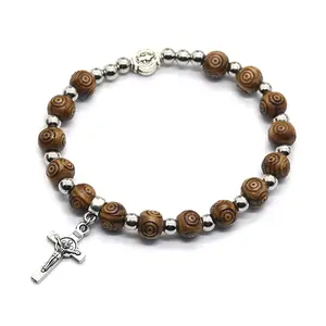 8mm Wood Beads Rosary Bracelet Vintage Jesus Christ Crucifix for Cross Wristband