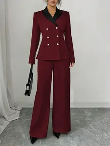 New Business Formal Commute Style Women's 2-Piece Set, Fashion Elegant Simple Fitted Colorblock Blazer, Wide Leg Pants Career Suit