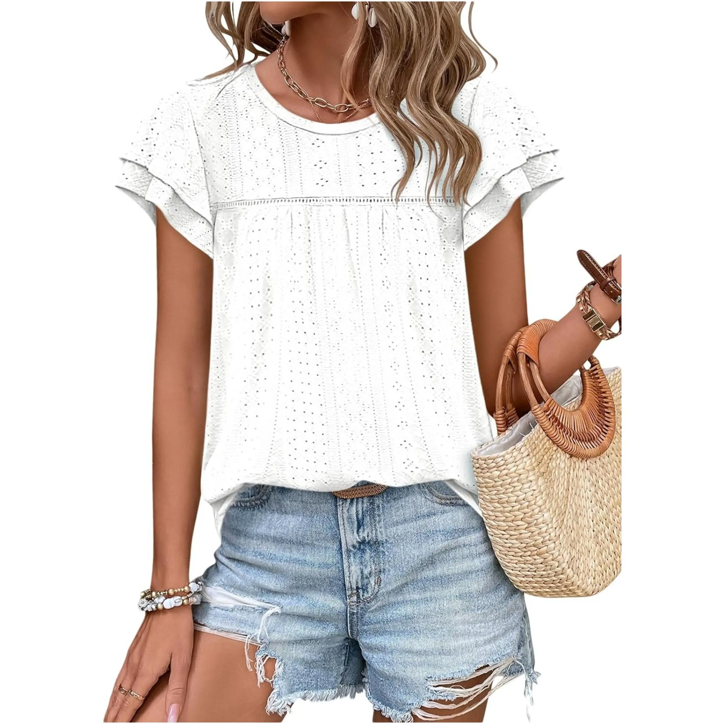 Imily Bela Womens Summer Tops Crewneck Eyelet Ruffle Sleeve Blouses Casual Babydoll Shirts