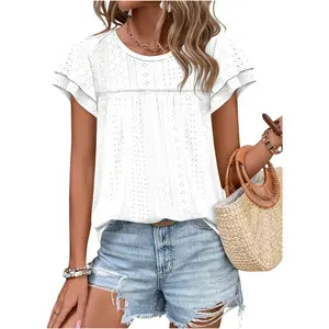 Imily Bela Womens Summer Tops Crewneck Eyelet Ruffle Sleeve Blouses Casual Babydoll Shirts