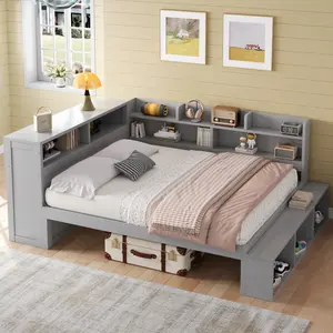 Full Size Daybed Frame with Bookcase Storage Cabinets, Shoe Cabinet and USB Ports, Wooden Platform Bed Frame with Sturdy Slats, No Box Spring Needed,Gray