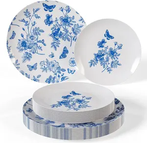 Disposable Plates For Party Supplies | Blue Floral Plastic Plates For Wedding 80 count - 40 X 8 & 40 X 10 Dinner Plate Sets | Floral Plate Set Disposable Plastic Dinnerware Sets