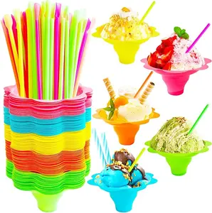 Snow Cone Cups 200Pcs with Spoon Straws, Flower-Shaped Ice Cream Snacks Cup, Colorful Reusable Plastic Bowls for Holiday Beach Parties Disposable Bright