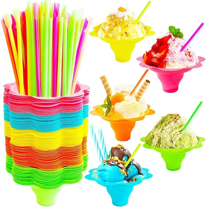 Snow Cone Cups 200Pcs with Spoon Straws, Flower-Shaped Ice Cream Snacks Cup, Colorful Reusable Plastic Bowls for Holiday Beach Parties Disposable Bright