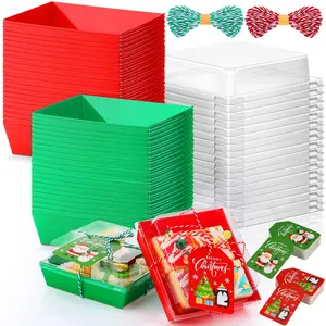 100 Pcs Christmas Charcuterie Boxes with Ropes Cards, Christmas Food Box with Clear Lids, Disposable Paper Bakery Square Dessert Containers for Xmas Party Favor Cookie Cake Sandwich (Classic)