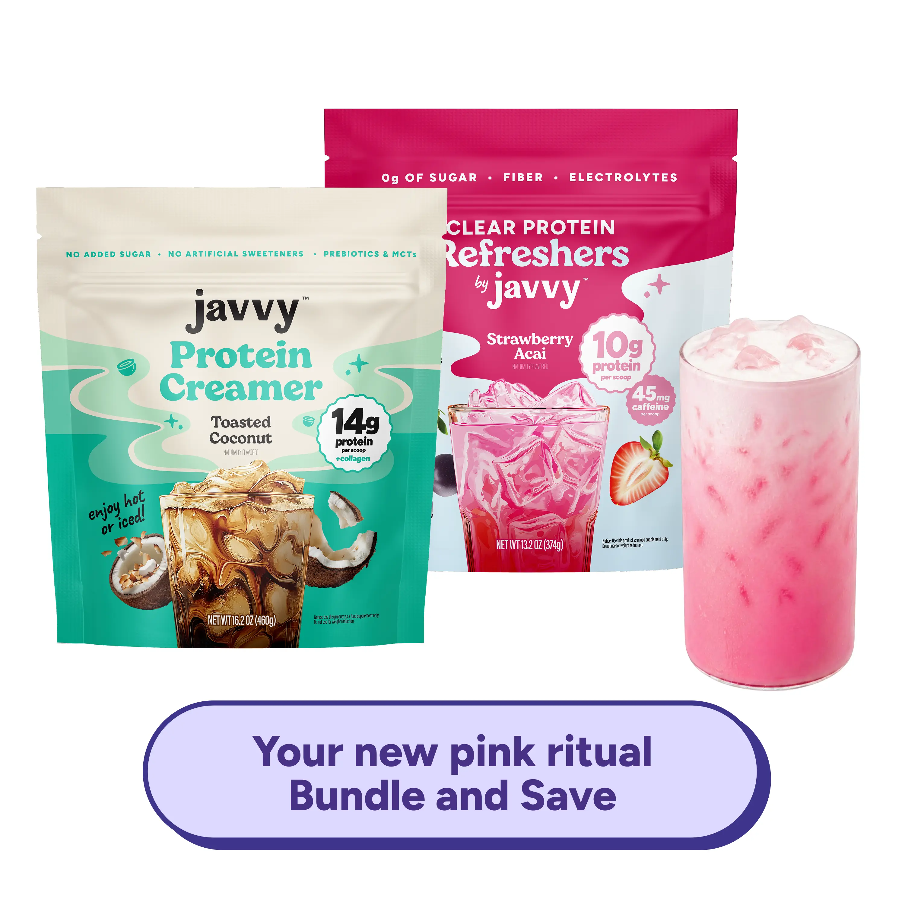 Javvy Pink Protein Drink Bundle with Collagen - Strawberry Acai Refresher & Toasted Coconut Collagen Protein Creamer – Pink Strawberry Coconut Cream Refresher with Clear Whey Electrolytes & Collagen 10g + 14g Protein Collagen Keto Friendly, No Added Sugar