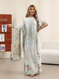 Lightweight Printed Satin Maxi Dress Set with Matching Scarf, Loose Casual Summer Long Robe for Women