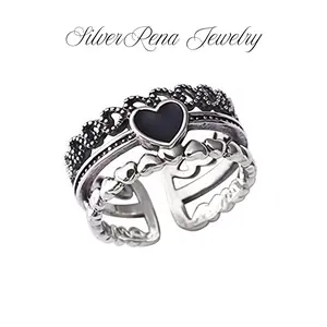 S925 Sterling Silver Stylish Multilayer Stackable Bead Heart Adjustable Ring Black Heart Cubic Zirconia Open Ring for Women Jewelry, Mother's Day Gift
