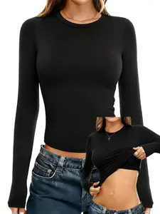 Danysu Double Lined High Round Neck Long Sleeve Tops for Women with Built in Bra Nylon Basic Crop Fall Tee Shirts