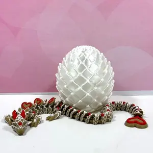 3D Printed Dragon with Egg, Articulated Mocha White and Red Love Dragon, 12 Inches Fidget ADHD Autism Toy D093-WE