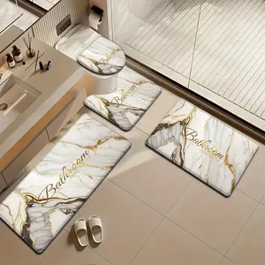[Bathroom Mat Set] White Gold flannel Bathroom Rugs 4 Pcs, Non-Slip Washable Bath Mat Set, U-Shaped Toilet Rug, Absorbent Shower Floor Mats for Bathroom Decor
