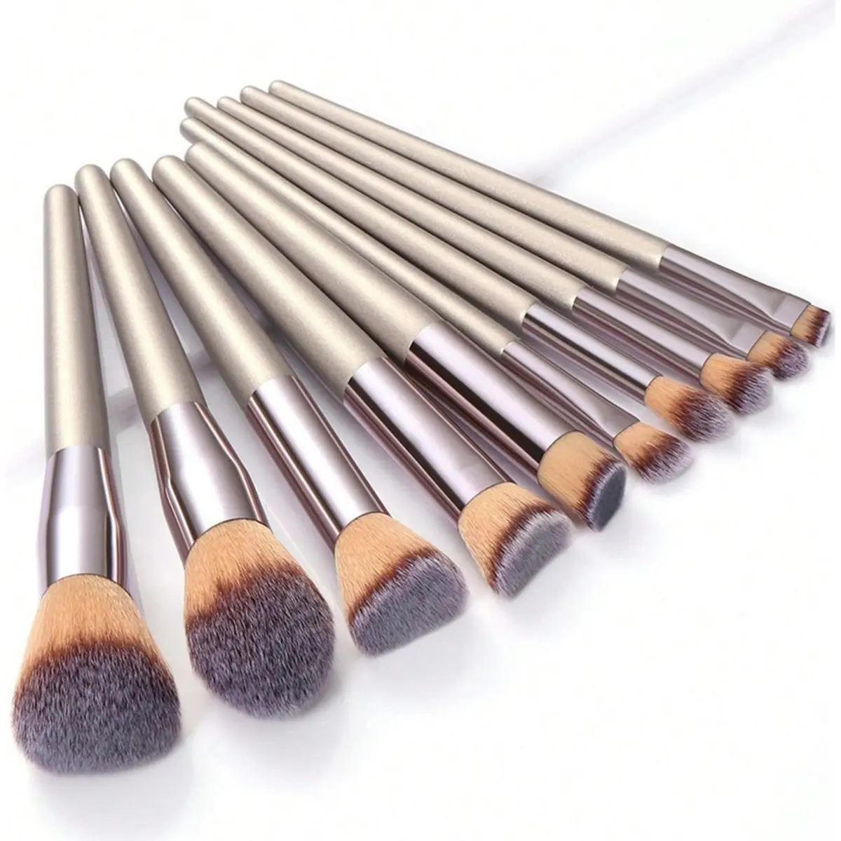 10-Piece Champagne Makeup Brush Kit, Soft Synthetic Fibers Bristles, Mixed Types for Foundation, Blush, Eyeshadow & Kabuki Blending, Includes Complexion Brush, Flawless Finish for Daily Use & Gifting, Ten Pieces