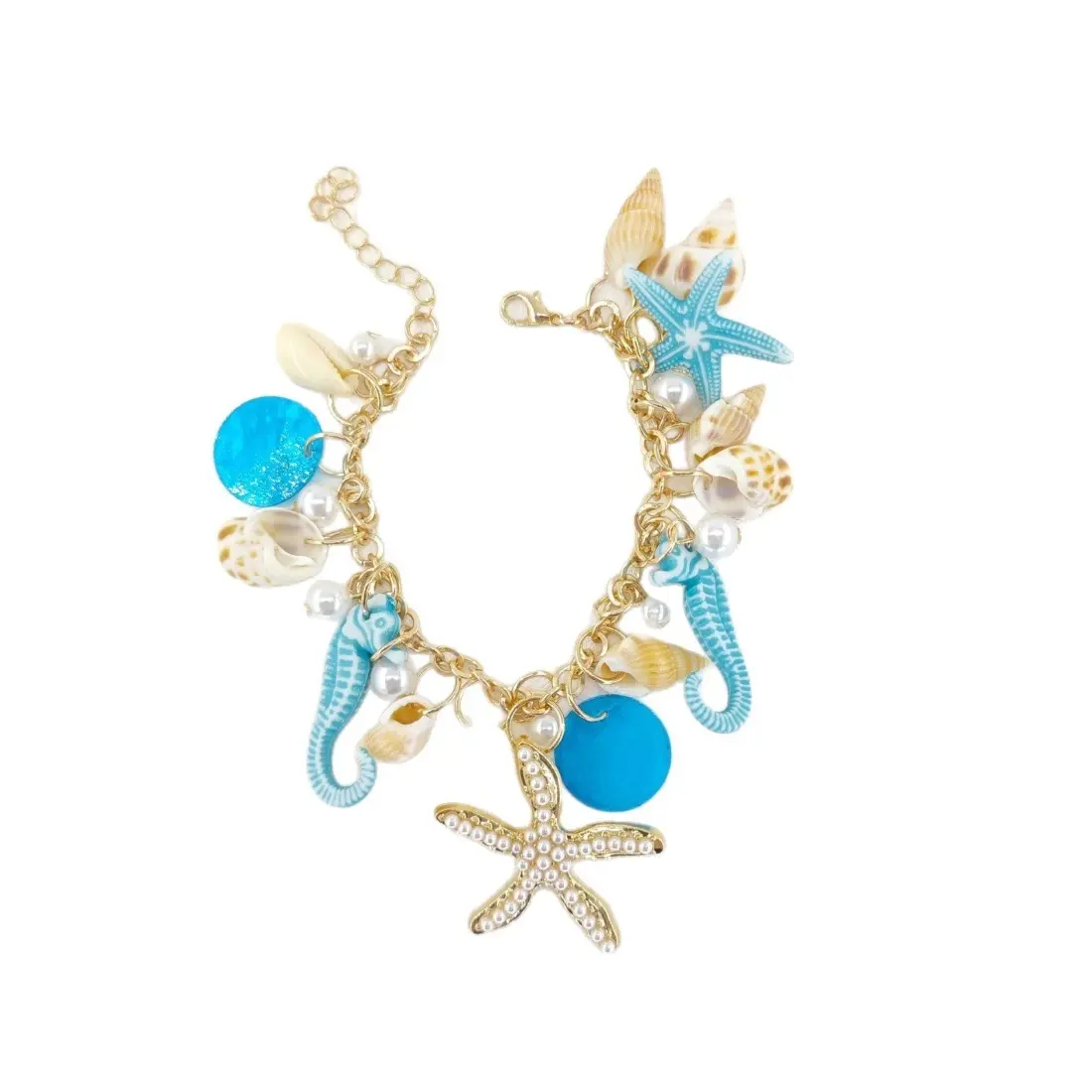 Boho Starfish Shell Bracelet for Women, Coastal Cowgirl Beach Jewelry, Mermaidcore Ocean Charm Chain Bracelet, Hawaiian Vacation Summer Accessory, Layered Seashell Wrist Jewelry Gift Stack