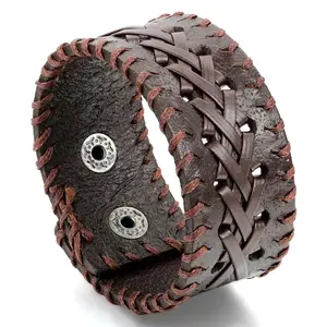 OIDEA Cross-Woven Braided Leather Rope Adjustable Bracelet for Men 31mm Wide Punk Snap Button Wristband