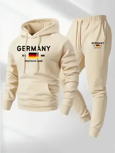 Men's German Flag Print Hoodie Sweatpants Set, Fall Winter Fitted Long Sleeve, Kangaroo Pocket, Drawstring Pants, Casual Fashion Gift