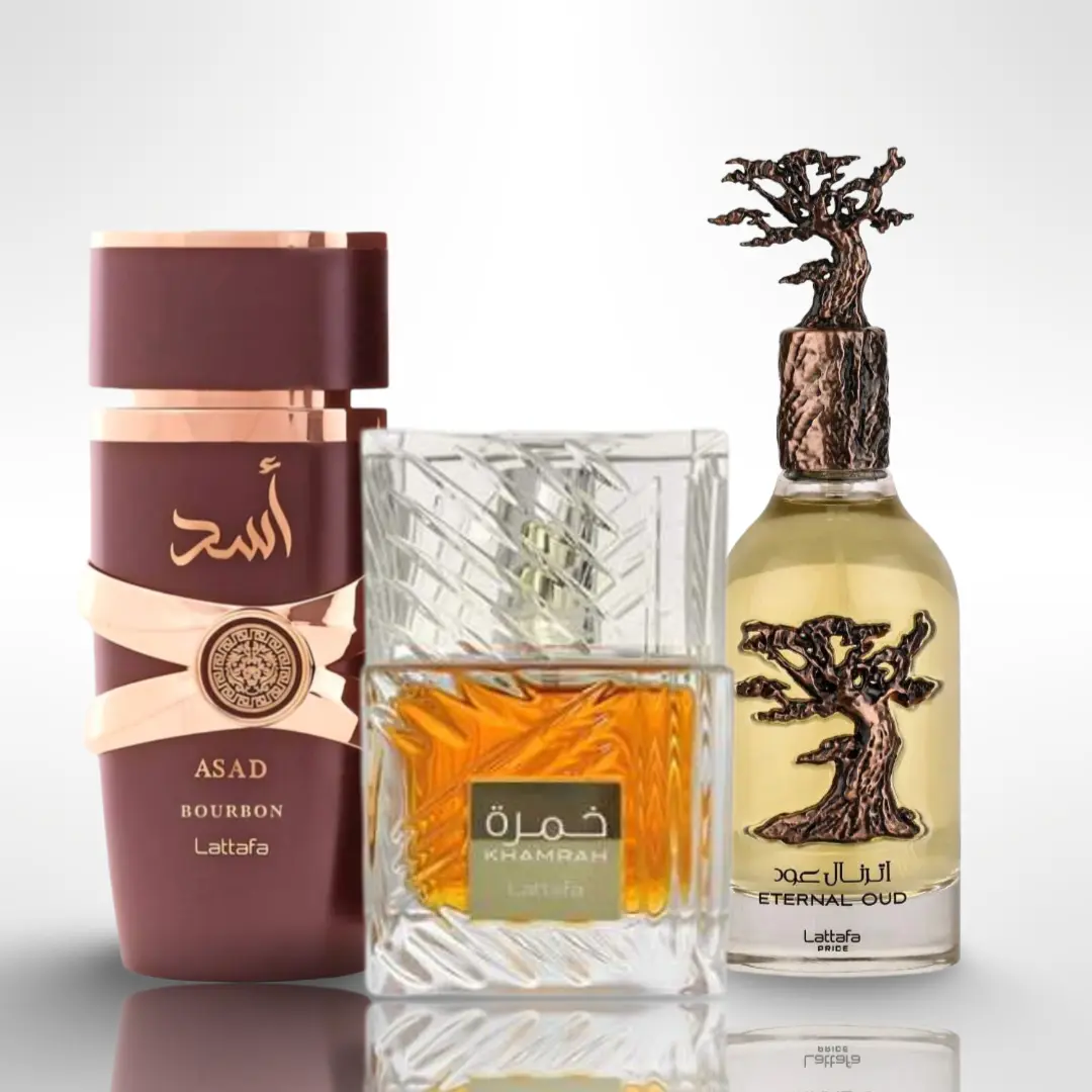 Lattafa Ultra-Luxe Men's Perfume Discovery Set - ASAD BOURBON, KHAMRAH, Eternal Oud EDP Sprays (3.4oz/100ML Each) with Blueberry, Amber Vanilla, Oud Amber Scents, Long Lasting Fragrance for Adults
