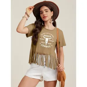 Women Graphic Tees Western Shirts Vintage Cowgirl Fringe Shirt Country Concert Tops Short Sleeve Casual Womenswear Casual Wear Cute Outfit Soft Tassel