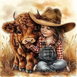 5D DIY Diamond Painting Kit Highland Cow and Girl Cross Stitch Diamond Full Drill Round Mosaic Home Decor Gift