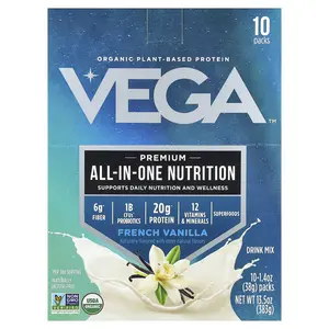 Vega Organic Plant-Based Protein, Premium All-In-One Nutrition, French Vanilla, 10 Packs, 1.4 oz (38 g) Each
