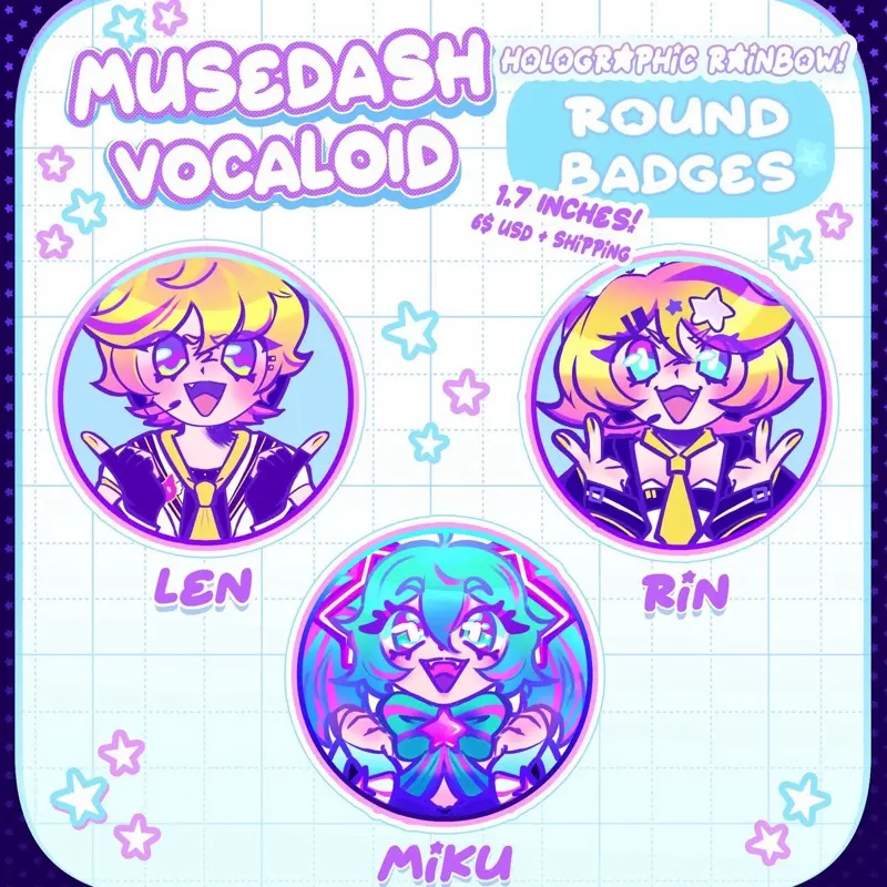 Preorder Ends 9/9!! Musedash Vocaloid Holographic Rainbow Round Badges - Len, Rin & Miku - 1.7 Inches