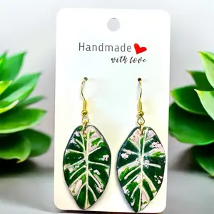 Handmade and Hand Painted Pink Variegated Black Velvet Alocasia Leaf Earrings
