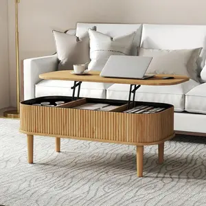 Fluted Lift Top Coffee Table With Hidden Storage, Oval Coffee Table With Lifting Top, Mid Century Modern Design For Living Room, Office & Small Spaces(Natural)