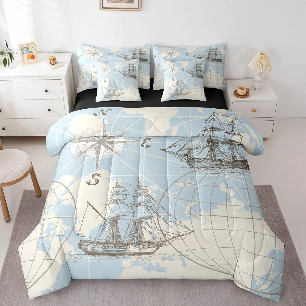 Nautical Comforter Set,7 Pieces,World Map Bed in A Bag for Bedroom,Sailing Boat Yacht Bedding Set with Comforters,Sheets,Pillowcases Retro Compass Room Decor