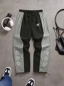 Men's Retro Color Block Jogger Pants Hip Hop Style 100% Nylon Quick Dry Lightweight Elastic Drawstring Waist and Hem Loose Wide Leg for Outdoor Sports Gym and Daily Casual Use