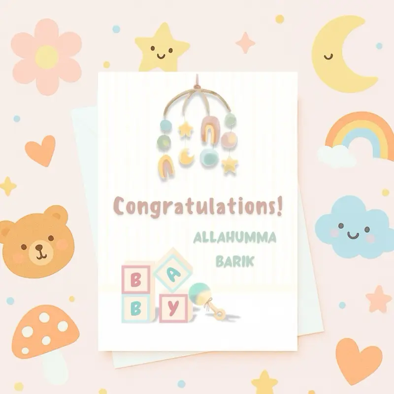 Minaret Collections Cute Islamic New Baby Card, 5x7 Folded Muslim Baby Shower Congratulations “Allahumma Barik” Card with Quran Verse & Dua, Nursery Design, Includes Envelope