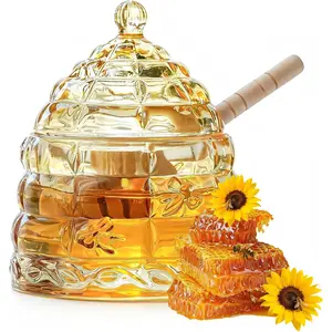 Honey Jar Pot Glass Holder Dispenser Set with Wooden Dipper Stick and Lid for  Kitchen, Modern Syrup Glass Container for Storage  (Champagne,3.7 Oz)