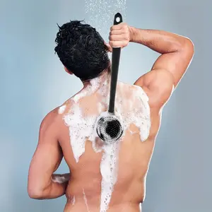 Silicone Long Handle Double-sided Bath Body Brush, Black Hanging Soft Back Shower Scrubber, Portable Silicone Scrubber, Hangable Bathroom Gadgets, Bathroom Accessories, Home Goods Gifts for Men, Gift, Men Gifts, Shower Cleaning Brush Personal