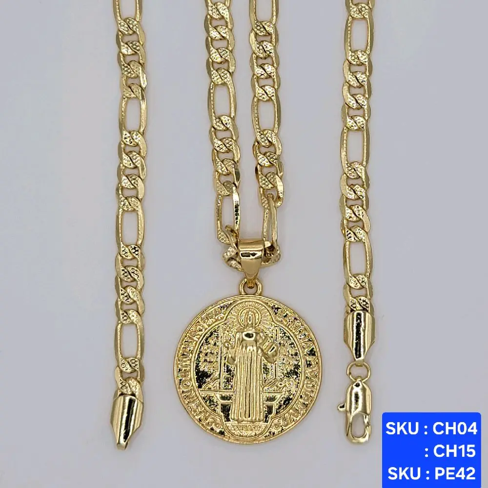 Saint Benedict Pendant (San Benito),  Chain Figaro link style 24 & 18 inches 5.5mm wide  Laminated Gold jewerly SKU : CH04, CH15, SKU : PE42