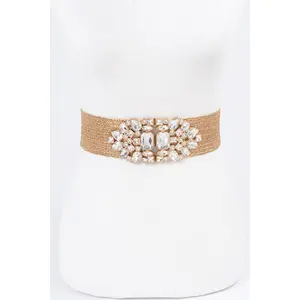 Final Sale Plus Size Gold Belt with Rhinestone Buckle Oval Multi Stone Metallic Straw Stretch Belt