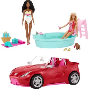 Barbie Playset with 2 Fashion Dolls, Convertible Toy Car, Pool with Slide & 15 Accessories Including Pet